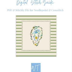 May include: Digital Stitch Guide PDF & Stitchly File for Needlepoint & Crosstitch. The image features a cross-stitch design of an abstract shape in pastel colors, framed by a green striped border. The text "Digital Stitch Guide" is at the top, with the designer's initials at the bottom.