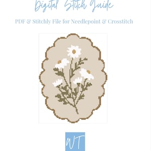 Puede incluir: Guía de puntada digital PDF y archivo Stitchly para punto de aguja y punto de cruz. La imagen presenta un diseño de punto de cruz de margaritas blancas con centros amarillos y tallos verdes, sobre un fondo beige. El diseño tiene forma ovalada con un borde marrón. Un cuadrado azul con las letras "WT" está en la parte inferior.