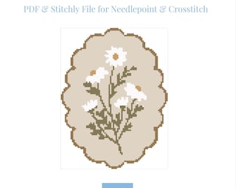 Puede incluir: Guía de puntada digital PDF y archivo Stitchly para punto de aguja y punto de cruz. La imagen presenta un diseño de punto de cruz de margaritas blancas con centros amarillos y tallos verdes, sobre un fondo beige. El diseño tiene forma ovalada con un borde marrón. Un cuadrado azul con las letras "WT" está en la parte inferior.