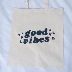 Good Vibes | Holographic Tote Bags | Canvas Tote Bag | Black HTV Tote Bag | Reusable Shopping Bag