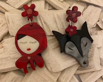 Little red riding hood and wolf earrings, asymmetrical earrings, little red riding hood jewelry