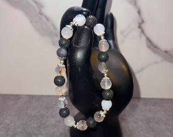 Black Flower Agate and Lava Stone bracelet