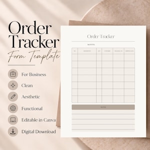 Op de afbeelding: Een afdrukbaar sjabloon voor een besteltracker met een overzichtelijke lay-out met kolommen voor nummer, beschrijving, aantal, klant, trackingnummer en verzenddatum, plus een speciale notitiesectie onderaan de witte documentpagina.