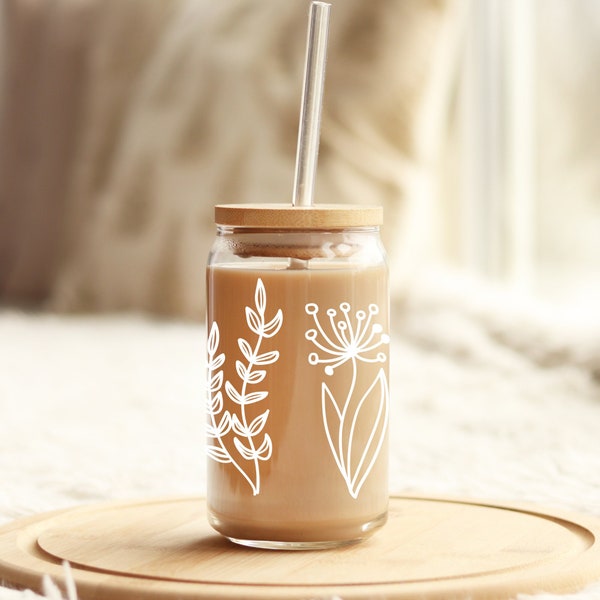 Stylish Glass Tumbler Set with Floral Design - Elegant Flower Cup with Lid & Straw, Perfect for Iced Coffee Lovers