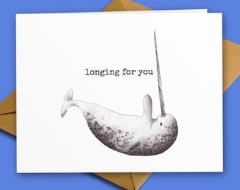 Valentines Narwhal Card Romantic Longing Love  Miss You Greeting Whale Illustration Relationship Distance
