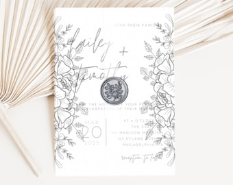 PLANTILLA DE CHAQUETA DE VELLUM / Floral Negro / Invitación de boda / Manga de vitela