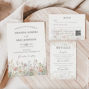 WILDFLOWERS | Wedding INVITATION Suite Template | Editable Template | Invitation Bundle | QR Code | A3