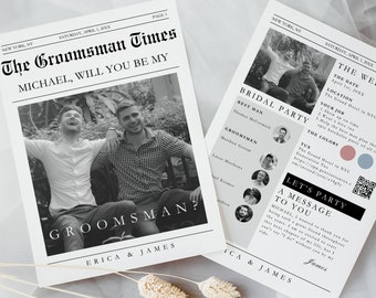 NEWSPAPER GROOMSMEN PROPOSAL Template | Groomsman Proposal with Photo | Bridal Party Information Card | D3