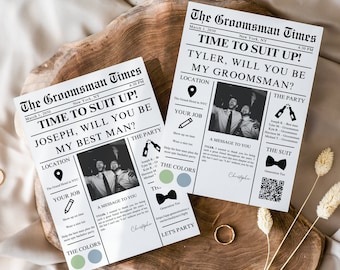 NEWSPAPER GROOMSMEN PROPOSAL Template | Suit Up Groomsman Proposal with Photo | Bridal Party Information Card | D4
