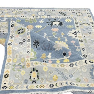 Hand Knotted Wool Oushak Rug: Blue & Silver Floral Area Rugs for Living Room, Bedroom, Hallway Runner 6x9 8x10 9x12 10x14 Custom Area Rugs