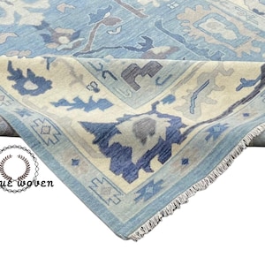 Handmade Wool Oushak Rug: Sky Blue & Ivory Turkish Knot Area Rug