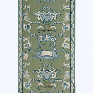Hand Knotted Sage Green Oushak Rug: Wool Turkish Area Rug
