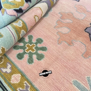 Handmade Turkish Wool Rug: Pink & Light Blue Knots, Large Area Carpet