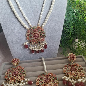 Red Ruby Golden Long Haar,Maala Pearls Indian Necklace Set – Pakistani Gold Finish Kundan Noratan trditional Jewelry