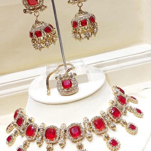 Red/ruby dull/antique golden indian necklace Set pakistani traditional imitation/reception jewellery