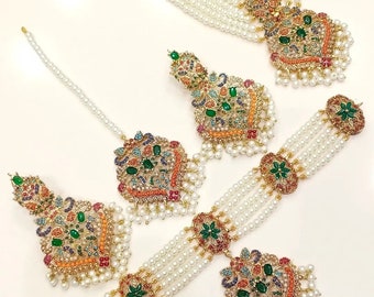 Nauratan Choker, mala Earrings and Tikka Set / Indian Pakistani Shaadi Jerwelry Wedding/ Sabyasachi/Multi Color stone nouratan jewellery set