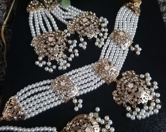 Pink indian neckalce pink kundan necklace light pink choker pearls choker hyderabadi necklace indian jewellery pakistani jewellery for weddi