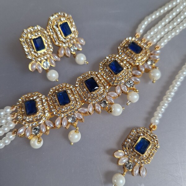 Blue golden neckalce in red blue black and champagne pakistani jewelry simple jewelry indian jewellery for any occasion