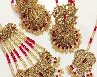Deep red/maroon jhumkas tikka jhumar set pakistani  jewellery indian pakistani bollywood style jewellery red jhumar red tikka jhumkas set