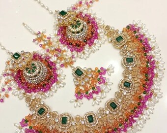 Pink nuratan Choker, mala Earrings and Tikka Set / Indian Pakistani Shaadi Jerwelry Wedding/ Sabyasachi/Multi Color stone nouratan jewellery