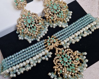 Aqua green necklacep light turquoise necklace set pakistani/indian/Bollywood style jewellery gift for her