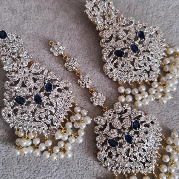 Dark blue earrings sapphire bluesilver jhumka set /earrings/tikka indian/pakistani/Bollywood/jewellery gift for her eid jewellery