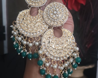 Green jhumka  big golden jhumka green kundan jewellery  Dangler Earrings pakistani jewellery indian jewellery kundan jewellery