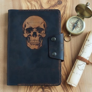 Personalised Skull Leather Journal A5 - Refillable Handmade Brown Notebook, Free Personalisation