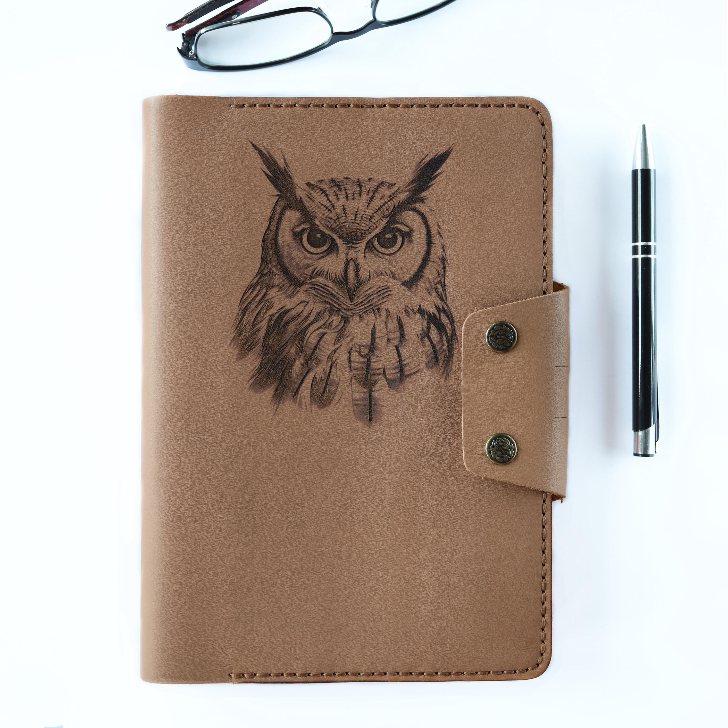 Handmade Leather A5 Refillable Journal: Tan Owl Design, Personalised