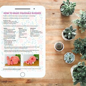 May include: Instructions for making stackable crochet bunnies. The pattern uses the standard amigurumi technique and is written in US terminology. The pattern includes a materials list, equipment list, abbreviations, and a finished product image.