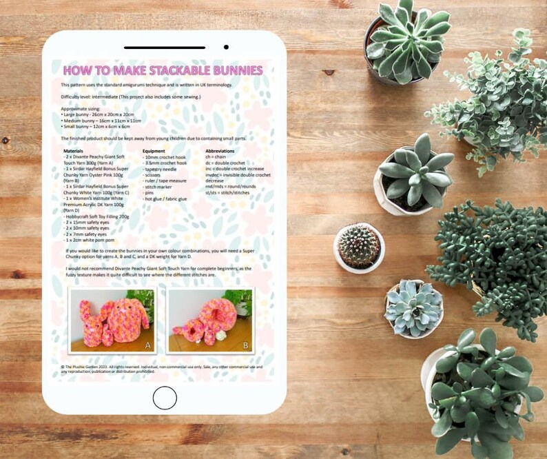 May include: Instructions for making stackable crochet bunnies. The pattern uses the standard amigurumi technique and is written in US terminology. The pattern includes a materials list, equipment list, abbreviations, and a finished product image.
