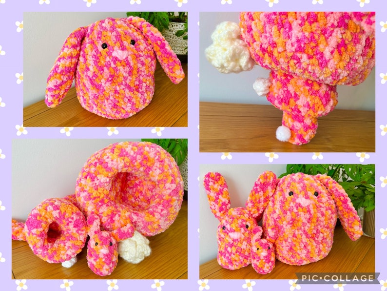 May include: Three crocheted pink and orange bunny plushies. The largest bunny is sitting upright with its ears flopped over. The middle bunny is lying down with its head resting on its paws. The smallest bunny is sitting upright with its ears standing up.