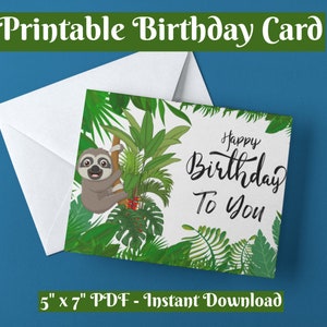 de aniversário da preguiça | Cartão imprimível do feliz aniversario | Cartão de aniversário digital | Cartão de aniversário para impressão para família ou amigo