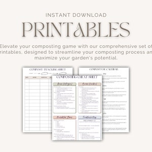 May include: Printable composting guides with titles "Compost Tracking Sheet", "Compost Use Calendar", and "Composting Cheat Sheet". The cheat sheet includes sections for "Green (Nitrogen)", "Brown (Carbon)", "Prohibited Items", and "Troubleshooting".