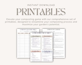 May include: Printable composting guides with titles "Compost Tracking Sheet", "Compost Use Calendar", and "Composting Cheat Sheet". The cheat sheet includes sections for "Green (Nitrogen)", "Brown (Carbon)", "Prohibited Items", and "Troubleshooting".