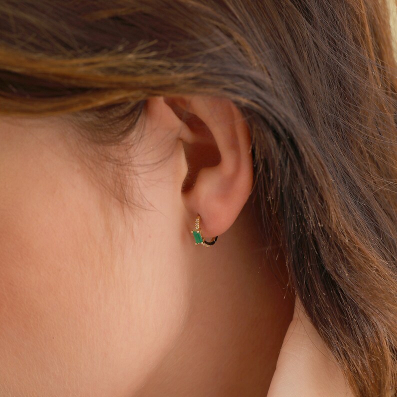 14K Emerald Earrings Gold, Emerald Earrings Vintage, Sapphire Bridal Earrings, Emerald Hoop Earrings, 14K Gold Emerald and Diamond Earrings image 4