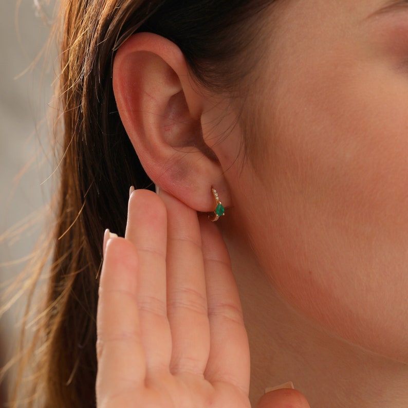 14k Emerald Hoop Earrings, Emerald Pear Earrings Gold, Emerald Stone Earrings, Emerald Earrings Vintage,Dainty Emerald Earrings,Gift for her image 4