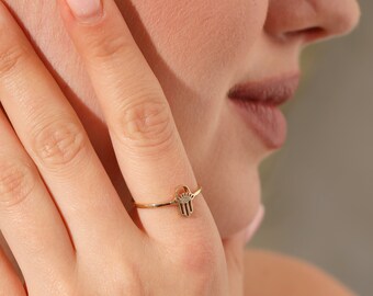 14k Solid Gold Diamond Ring, Diamond Hamsa Ring,Gold Evil Eye Ring,Protection Gold Ring,Hand of Fatima Gold Ring,Diamond Signet Ring for Her
