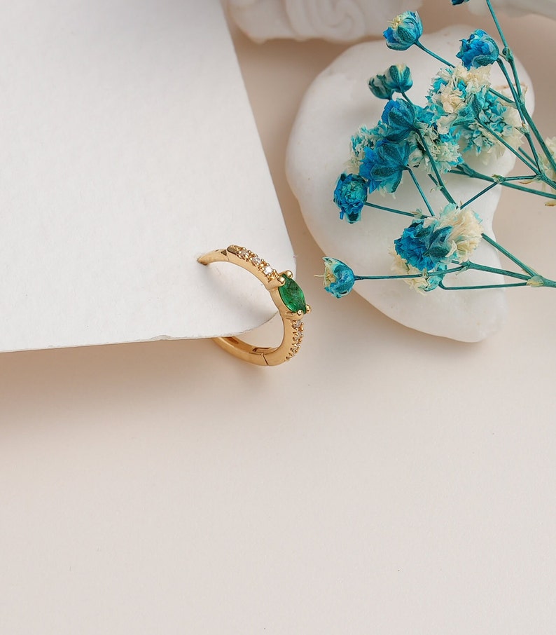 Emerald Earrings Gold, Emerald Earrings Vintage, Earlobe Emerald Earrings, Emerald Hoop Earrings,14K Solid Gold Emerald and Diamond Earrings image 3