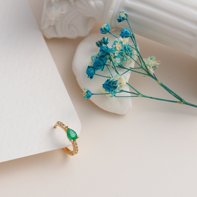 14k Emerald Hoop Earrings, Emerald Pear Earrings Gold, Emerald Stone Earrings, Emerald Earrings Vintage,Dainty Emerald Earrings,Gift for her image 3