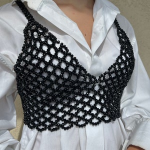 Black Crop Corset Top, Beaded Chain Lace Bralette, Dark Rave Outfit, Hand Braided Pearl Body Chain for Woman