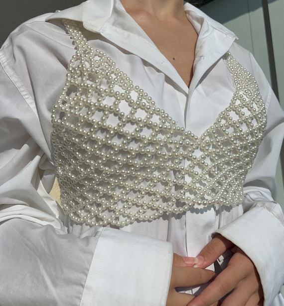 Unique Pearl Crop Corset Top, Beaded Chain Lace Bralette, Rave