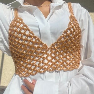 Unique Bronze Pearl Crop Corset Top, Beaded Chain Lace Bralette, Rave Outfit, Hand Braided Pearl Body Chain for Woman