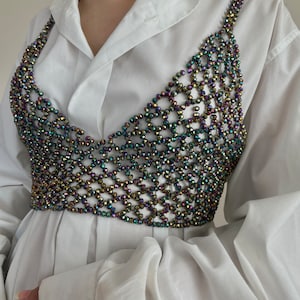 Colorful Crop Corset Top, Multicolored Beaded Chain Lace Bralette, Rave Outfit, Hand Braided Unique Body Chain for Woman