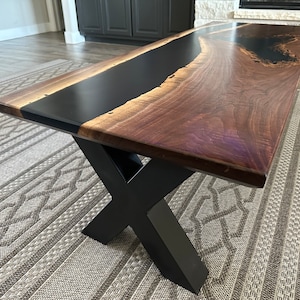 CUSTOM USA Walnut Coffee Table, Live Edge Slab with Black Epoxy Inlay