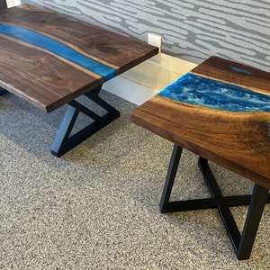 CUSTOM USA Walnut Coffee/End Table: Live Edge with Blue Epoxy Inlay