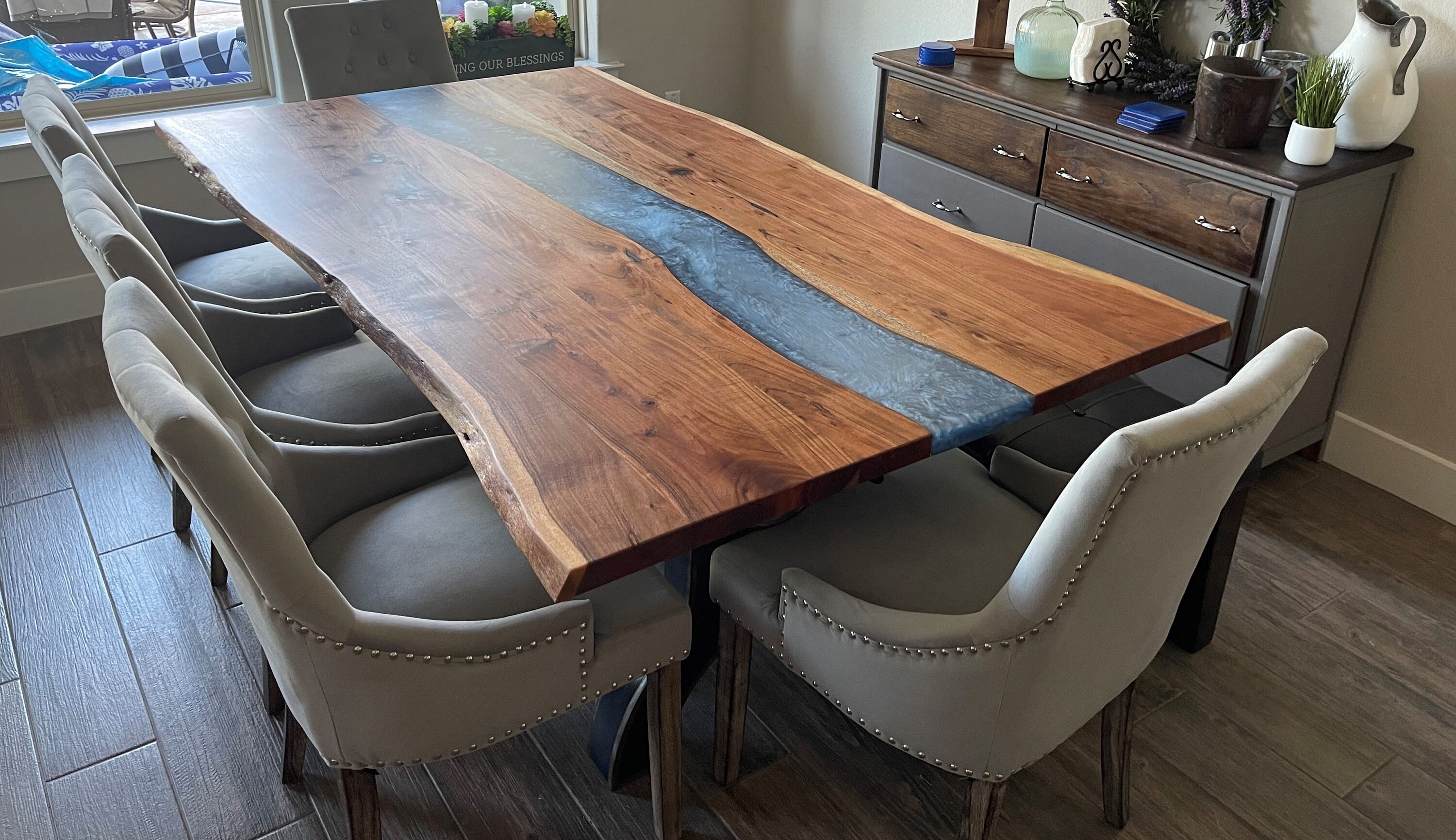 Slate Inlay Table INVENTORY Live Edge Acacia Dining Table: Blue Slate Epoxy Inlay, USA ...