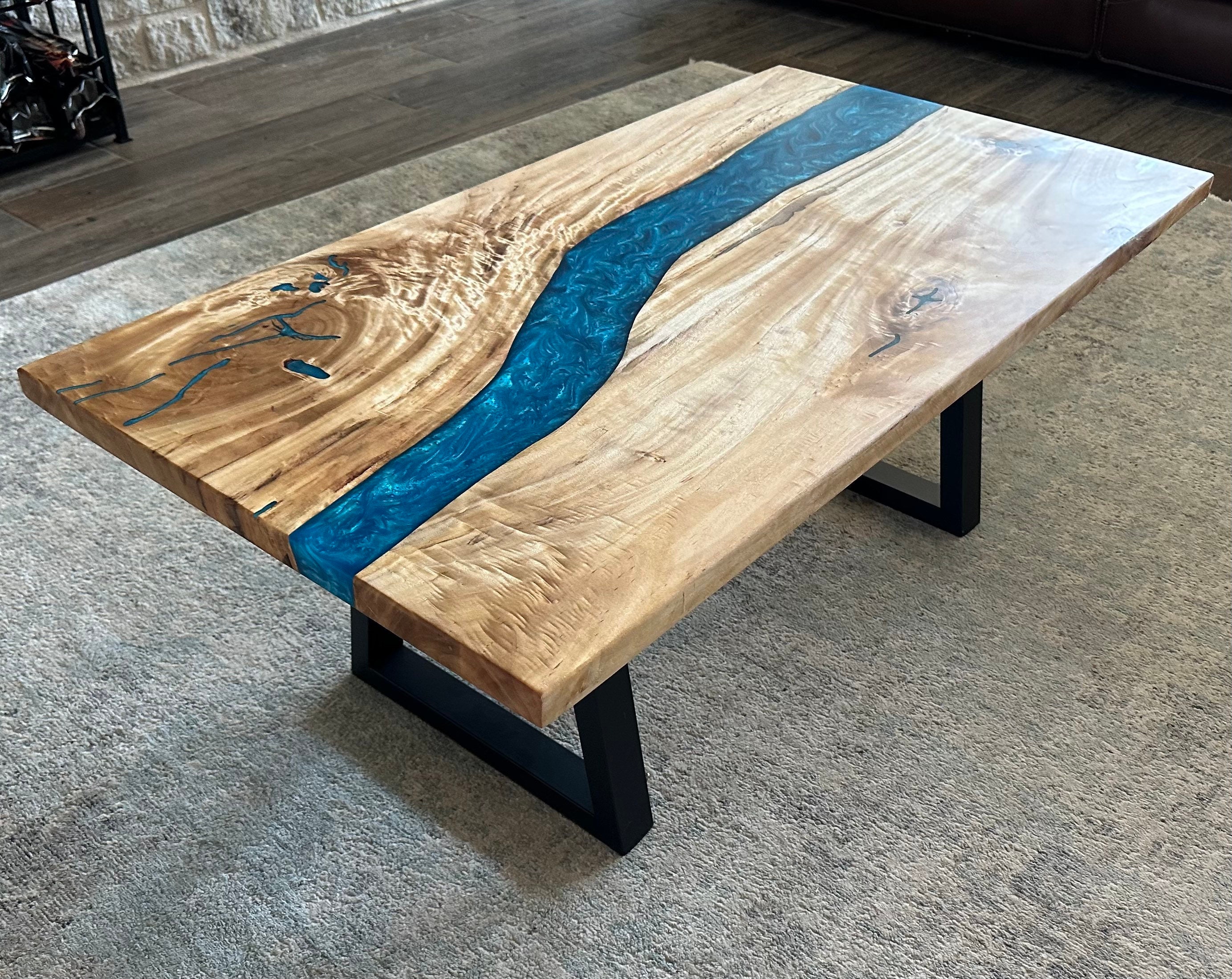 CUSTOM USA Maple Coffee Table, Live Edge Slab With Turquoise Blue