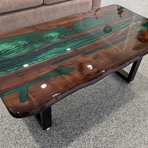 INVENTORY SALE!!!-Walnut Glossy Coffee Table, Live Edge Slab with Emerald Epoxy Inlay
