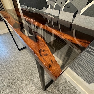CUSTOM ORDER! USA-Mesquite Bar/Bench/Sofa Table, Live Edge Slab with Semi Transparent Black Epoxy Inlay